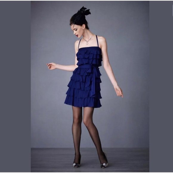 Size 12 NEW$200.00 ANTHROPOLOGIE VA ET VIEN SILK BLUE‎ RUFFLE PARTY DRESS W/TIE - Picture 2 of 13